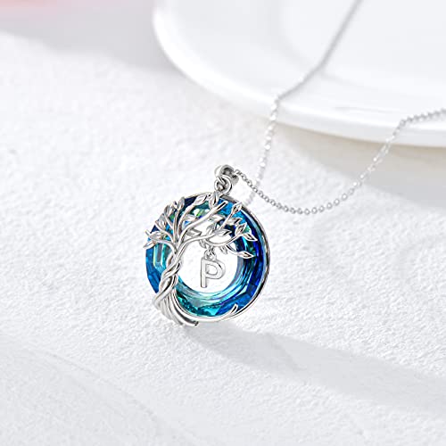 TOUPOP Gifts for Women Tree of Life Initial Necklace 925 Sterling Silver Letter Pendant with Blue Crystal Birthday Jewelry Gifts for Women Her Mom Wife Daughter - color: Tree of Life P Initial