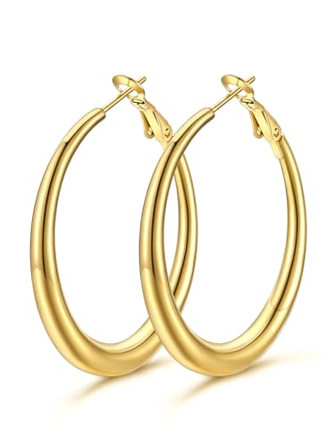 KeyStyle 5mm Thick Hoop Earring，Large Gold Hoop Earrings for Women | Stainless Steel Hoops Earring 14K Gold Plated/Silver/Black Hoop Lightweight Hypoallergenic Hollow Tube Hoop(40/60/80MM) - color: Gold, size: 40mm