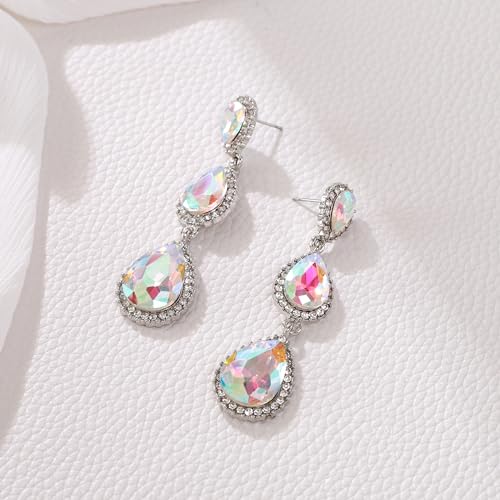 EleQueen Women's Crystal Teardrop Pear Shape 2.5 Inch Long Earrings | Dangle Earrings for Women, TearDrop Crystals Earrings for Bride Bridesmaid, Prom Jewelry for Wedding - color: Iridescent Silver-Tone