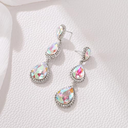 EleQueen Women's Crystal Teardrop Pear Shape 2.5 Inch Long Earrings | Dangle Earrings for Women, TearDrop Crystals Earrings for Bride Bridesmaid, Prom Jewelry for Wedding - color: Iridescent Silver-Tone