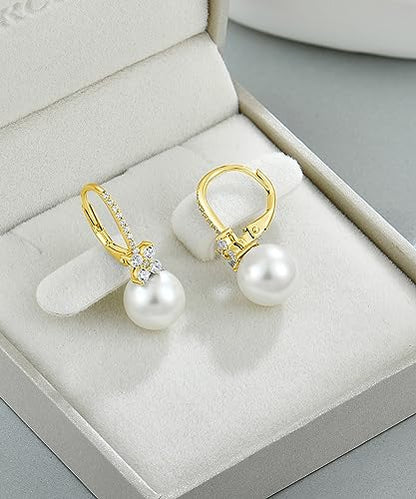 Pearl Earrings for Women 925 Silver Freshwater Real Pearl Drop Dangling Earrings for Birthday Christmas Anniversary - color: Gold