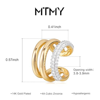 Gold Ear Cuff Earring for Women 14K Gold Plated Cubic Zirconia Non-Pierced Clip on Cartilage Chunky Ear Cuffs Hypoallergenic Jewelry - style: cz triple
