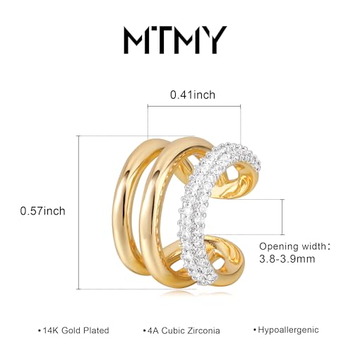 Gold Ear Cuff Earring for Women 14K Gold Plated Cubic Zirconia Non-Pierced Clip on Cartilage Chunky Ear Cuffs Hypoallergenic Jewelry - style: cz triple / pair