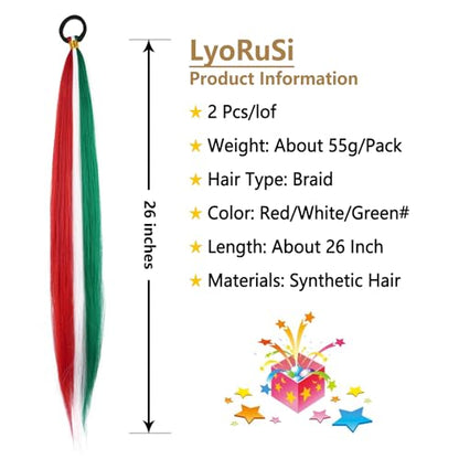 2 Pack Braid Ponytail Extension, Full of Christmas Color Ponytail Extension | 26 Inch Braid Extensions with Elastic Tie Straight Tube Sleek Wrap Extension Hair Ponytail (Green/White/Red#) - color: Green/White/Red#, size: 26 Inch（Pack of 2）
