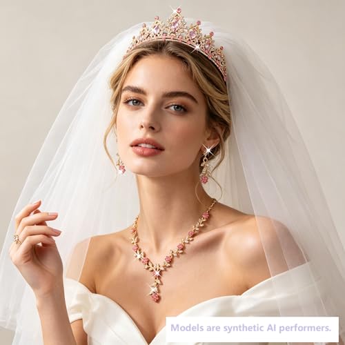 Kamirola Tiaras and Crowns for Women,Tiaras Earrings Necklace, Crystal Bridal Jewelry Set, Costume Party Halloween Prom Pageant Jewelry for Women(TR45) - color: Gold Pink