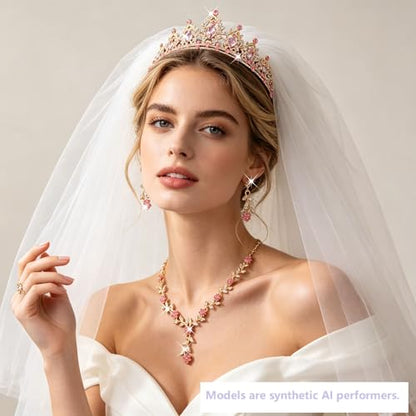 Kamirola Tiaras and Crowns for Women,Tiaras Earrings Necklace, Crystal Bridal Jewelry Set, Costume Party Halloween Prom Pageant Jewelry for Women(TR45) - color: Gold Pink