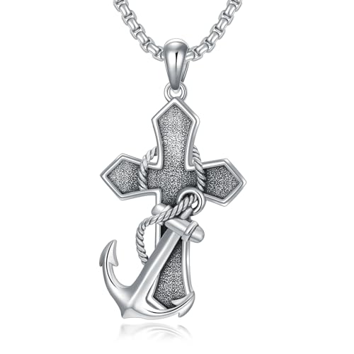 ROMANTICWORK Cross Necklace for Men 925 Sterling Silver Three Nail Cross/Atheist/Anchor/Skull Pendant Christian Protect Jewelry Birthday Gifts for Husband - color: Anchor Cross