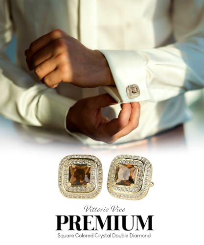 Square Colored Crystal Double Diamond Set Cufflinks - color: Brown/Gold