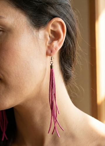 Handmade Genuine Leather Earrings for Women – Long Teardrop Boho Dangles, Lightweight Statement Fashion Jewelry - style: Springs-Pink