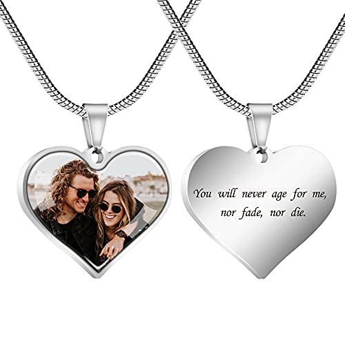 Farfume Personalized Photo Necklace for Women/Men, Memorial Jewelry Gifts | Holds 2 Pictures Pendant, Custom Engraved Text, Beautiful Locket for Girls, Durable Stainless Steel, Mothers Day Gifts - color: Heart Shape Silver Photo & Text