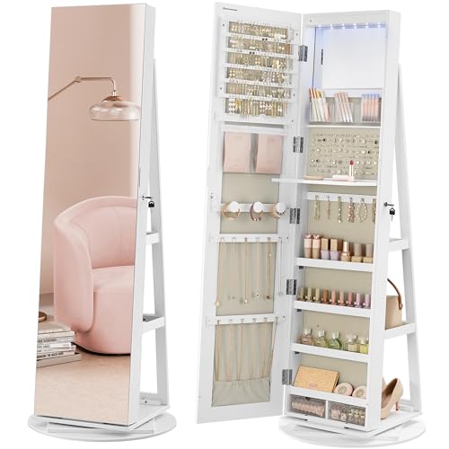 SONGMICS 6 LEDs Lockable Mirror Jewelry Cabinet, 360° Swivel Jewelry Organizer Armoire Standing, Frameless Full-Length Mirror, 3 Storage Shelves, White Surface, Greige Lining UJJC007W02V1 - color: White + Greige, size: 14.6" Mirror