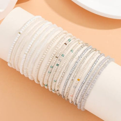 18-20PCS Colorful Bohemia Seed Beaded Bracelets Set Stackable Boho Stretch Bangle Bracelets Multilayer Boho Anket Concert Summer Beach Vaction Surf Jewelry Accessory - color: White-18pcs