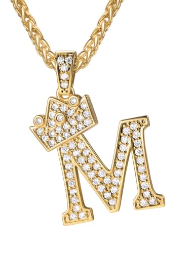U7 Crown Initial Necklace Men Women, Bling Diamond A-Z 0-9 Letter Pendant with Wheat Chain, Silver/Black/Gold Plated CZ Alphabet Number Hip Hop Jersery for Father Husband - color: a. Gold, size: 13. M