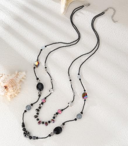 FULU AUTUMN Long Layered Beaded Necklaces for Women Statement Double Bead Strand Ceramic Flower Boho Jewelry Gifts for Mom - color: Black