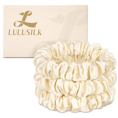 LULUSILK Small Silk Hair Ties No Damage, 100% Real Mulberry Silk, Skinny Scrunchies Ponytail Holders for Thin Fine Hair, Ivory, Pack of 3 - color: Ivory