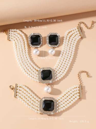 Fashion Bride Silver Black Green Bridal Layered Rhinestone Crystal 1920s Faux Pearls Necklace Earrings Bracelet Set Crystal Wedding Jewelry Set Rose Red Square Choker Necklace for Women - color: Black