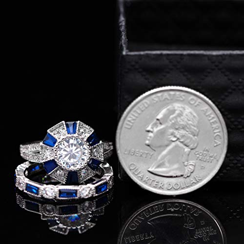 Uloveido Women's Platinum Plated Rectangular Cut Blue Cubic Zirconia 2 Pcs Engagement Wedding Band Rings Set Gift RJ497