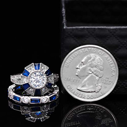 Uloveido Women's Platinum Plated Rectangular Cut Blue Cubic Zirconia 2 Pcs Engagement Wedding Band Rings Set Gift RJ497