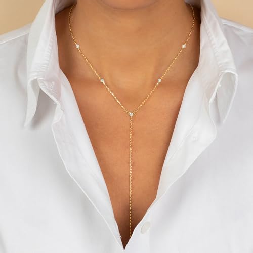 Foxgirl Lariat Gold Necklace for Women, Dainty Long Necklace 14k Gold Plated/Silver Y-Shaped Pendant Necklace Trendy Layered Cz Beaded Chain Drop Necklaces Simple Gold Jewelry For Women Gift | Layered Beaded Drop Design, Long Y-Shaped Chain for Wedding or