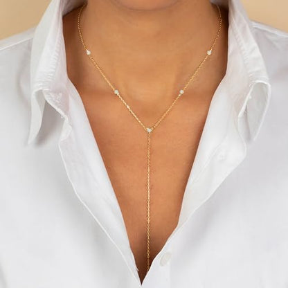 Foxgirl Lariat Gold Necklace for Women, Dainty Long Necklace 14k Gold Plated/Silver Y-Shaped Pendant Necklace Trendy Layered Cz Beaded Chain Drop Necklaces Simple Gold Jewelry For Women Gift | Layered Beaded Drop Design, Long Y-Shaped Chain for Wedding or