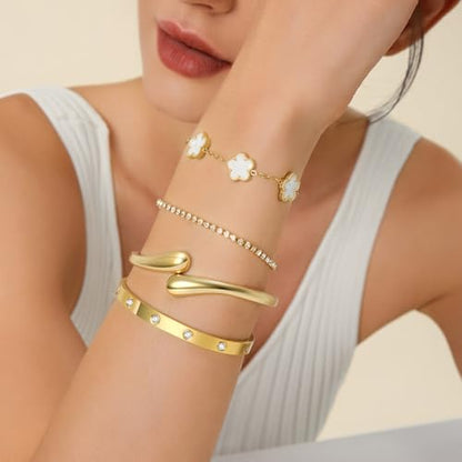 Mothers Day Gifts for Mom 18K Gold-Plated Bracelet Set – Floral Clover, Tennis, Chunky Adjustable Twist Cuff, Classic Gold-plated Bangle Stainless Steel, Non Tarnish, Stackable Bracelet Gift for Women - style: YR floral white