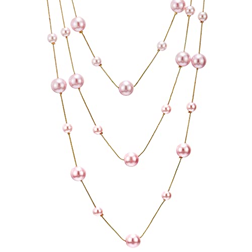 Statement Necklace Three-Strand Long Chains with Synthetic Pearl Beads, Elegant, Dress - color: J-Beads Color: Pink