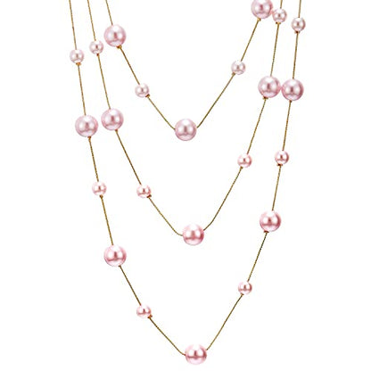 Statement Necklace Three-Strand Long Chains with Synthetic Pearl Beads, Elegant, Dress - color: J-Beads Color: Pink