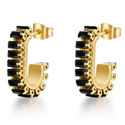 Green Crystal huggie gold hoop earrings for women Girls,14K Gold Plated with 925 Sterling Silver Post color Cubic Zirconia dainty cute Earrings| CZ Stud Earring - color: Black stone