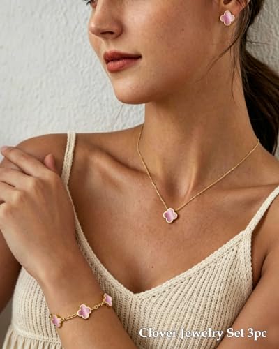 Clover Jewelry Set 3 PC - 18K Gold Plated Stainless Steel Y Necklace Four Leaf Pendant, Clover Bracelet Charm, 4leaf Earrings, Hypoallergenic Non-Tarnish, Lucky Jewelry Gifts for Women Mom - color: Pink/Gold