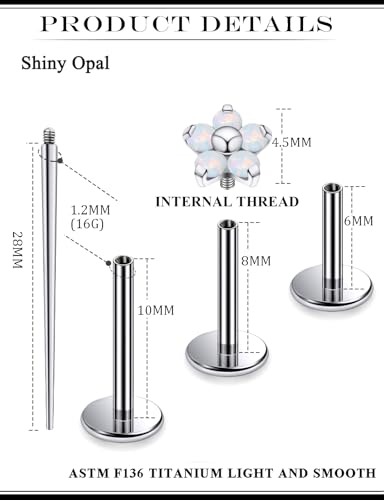 16G Astm F136 Titanium Internal Thread Flat Back Earrings Nose Studs Tragus Forward Helix Conch Cartilage Lobe Earrings Stud Medusa Labret Monroe Lip Ring Piercing Jewelry For Women Men - size: 16G--Style G-Opal