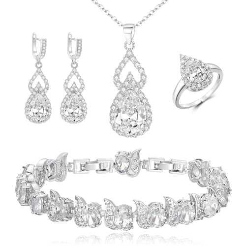 Wedding Jewelry Set for Women Bride Bridesmaid | Gorgeous Cubic Zirconia Teardrop Necklace Earrings Bracelet Adjustable Ring Jewelry Gift for Birthday/Anniversary - color: 02-Clear Silver-Tone