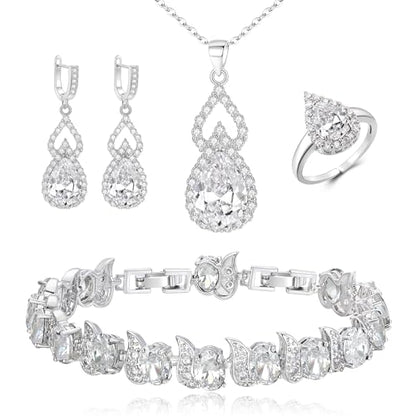Wedding Jewelry Set for Women Bride Bridesmaid | Gorgeous Cubic Zirconia Teardrop Necklace Earrings Bracelet Adjustable Ring Jewelry Gift for Birthday/Anniversary - color: 02-Clear Silver-Tone