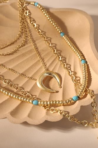 Dainty Layered Chain Necklace Horn Moon Disk Pendant Necklace Bohemian Beaded Charms Necklace