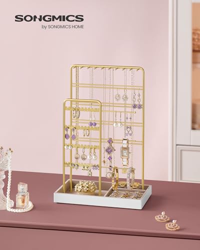 SONGMICS Necklace Holder, Jewelry Stand Holder Organizer, Jewelry Display with Metal Frame, Velvet Tray, Earring Bracelet Holder, for Gift Idea, 5.5 x 9.4 x 14.1 inch, Pale Gold UJJS028A01 | Necklace Earring Bracelet Holder, for Studs, Rings, Gift Idea, P