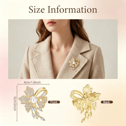 Crystal Floral Pin with Rhinestones, Crystal Floral Pin, Golden Pearl Flower Brooch Pins for Women