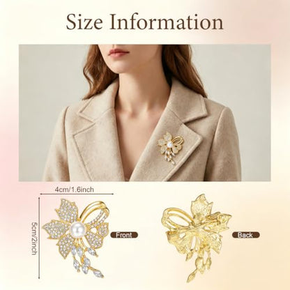 Crystal Floral Pin with Rhinestones, Crystal Floral Pin, Golden Pearl Flower Brooch Pins for Women