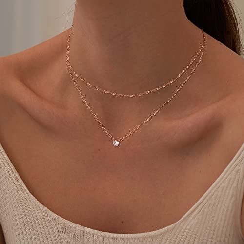Tewiky Dainty 14k Gold Plated/Silver Cubic Zirconia Necklaces for Women, Simple CZ Jewelry Necklaces Trendy Gifts - color: Rose gold layer chain CZ