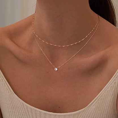 Tewiky Dainty 14k Gold Plated/Silver Cubic Zirconia Necklaces for Women, Simple CZ Jewelry Necklaces Trendy Gifts - color: Rose gold layer chain CZ