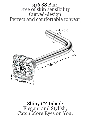 18G 20G 22G Nose Rings Studs with Cubic Zirconia 316L Surgical Steel Straight Screw L Shaped Nose Studs Piercing Jewelry for Women Men Girl CZ 1.5mm 2mm 2.5mm 3mm 20Pcs - color: C:22G L Shaped- Silver 1.5mm