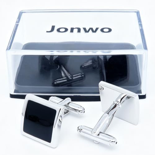 Silver Black Tone Square Men's Cufflinks for French Shirt in Gift Box | Classic Tuxedo Mens Women Cuff Links Set Jewelry for Wedding Party Formal Casual Business Office Dress, Easy to Put on