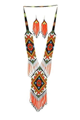 Long Beaded Necklace – Boho Native Handmade Seed Bead Tassel Necklace, Bohemian Large Statement Beaded Necklace for Women - color: Black Orange