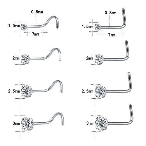 ZS 6-14PCS 20g Tiny Nose Stud Ring Piercing Surgical Steel Nose Bone/L Shaped/Nose Screws Rings Set - color: A:8pcs Mixed Style(1.5mm/2mm/2.5mm/3mm CZ)