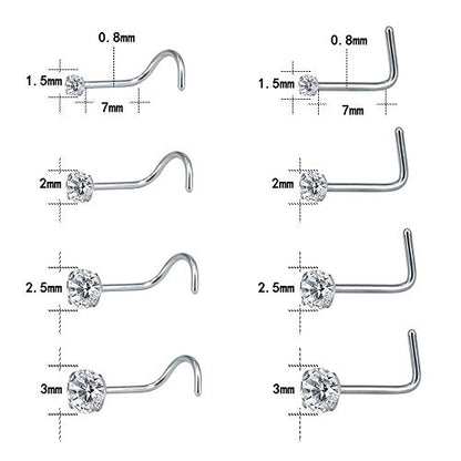ZS 6-14PCS 20g Tiny Nose Stud Ring Piercing Surgical Steel Nose Bone/L Shaped/Nose Screws Rings Set - color: A:8pcs Mixed Style(1.5mm/2mm/2.5mm/3mm CZ)