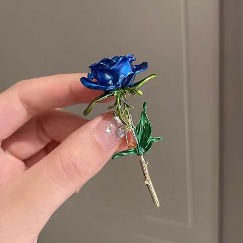Enamel Rose Flower Brooch Pin for Women Girls Men Alloy Fashion Gold Green Leaf Blossom Brooches Lapel Pins Dainty Dress Accessories Jewelry Boutonniere Corsage for Hat Bag Suit Tie Wedding Birthday Anniversary Father(Blue)