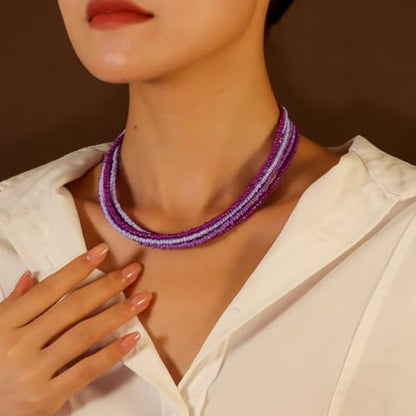 Colorful Multi-layered Seed Beaded Necklace Choker For Women Bohemian Handmade Crystal Stone Gemstone Hawaiian Necklace Holiday Birthday Summer Beach Jewelry Gift - color: Purple