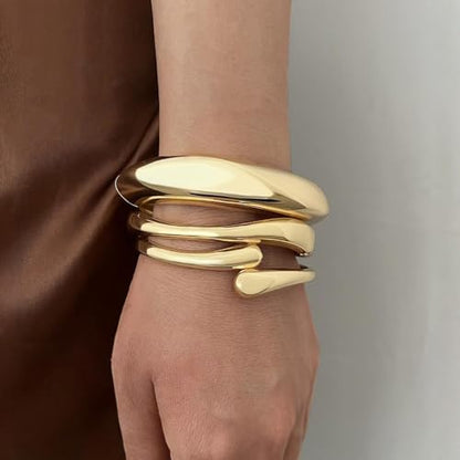 IFKM Gold Chain Bracelets Set for Women, 14K Gold Plated Multiple Layered Stackable Open Cuff Bangle Bracelet Anklet Bracelets Adjustable Link Tennis Beads Italian Cuban Jewelry for Women Gift - style: 3pcs Chunky Gold 1