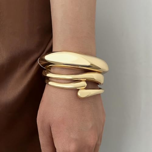 IFKM Gold Chain Bracelets Set for Women, 14K Gold Plated Multiple Layered Stackable Open Cuff Bangle Bracelet Anklet Bracelets Adjustable Link Tennis Beads Italian Cuban Jewelry for Women Gift - style: 3pcs Chunky Gold 1