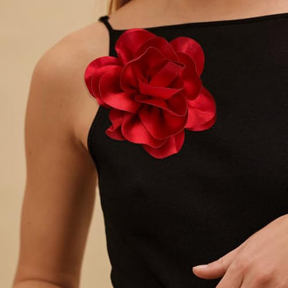 2Pack 6inch Extra Large Satin Brooches Lapel Pins Dainty Elegant Fabric Camellia Rose Flower Brooch Pin for Women Wedding Part Dance Clothes Accessories Jewelry - color: Red