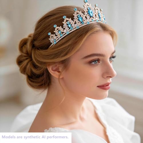 Kamirola - Queen Crown and Tiaras Princess Crown for Women Crystal Headbands for Bridal, Princess for Wedding and Party - color: Gold& LT Blue