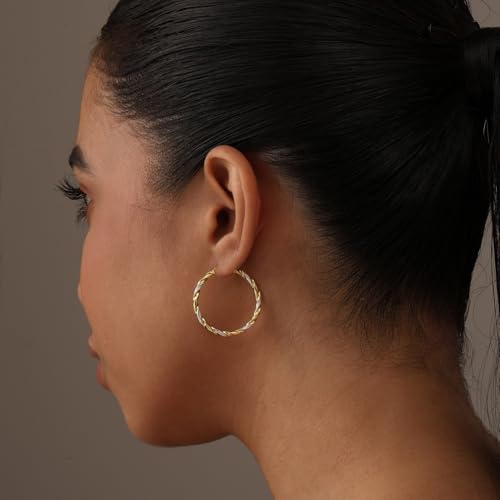 LeCalla Real 925 Sterling Silver Textured Two-Tone Three-Tone 14K Gold Plated Lightweight Italian Design Hoop Earrings for Women Diameter 25,30,40,45,50mm - color: Textured Medium-30mm